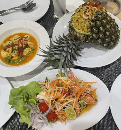 Papaya Salad, Fried Rice in Pineapple & Chicken Curry